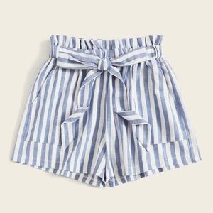 Self-tie belted striped paper bag shorts